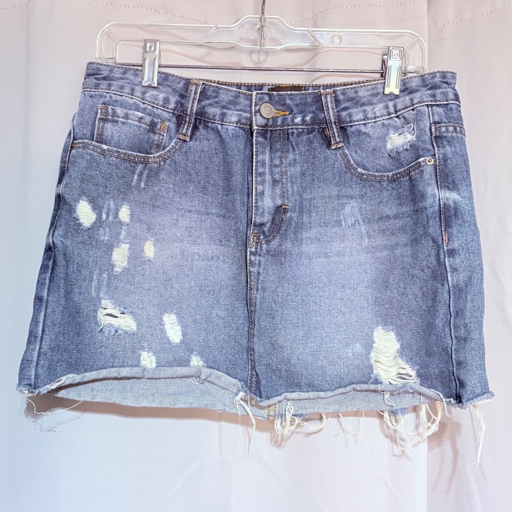 Twelve by Ontwelfth Blue Distressed Denim Mini Skirt Raw Hem Womens Large L